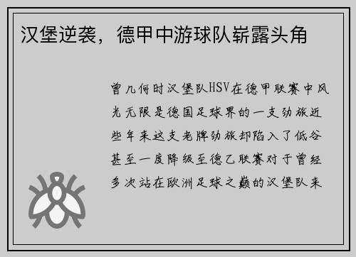 汉堡逆袭，德甲中游球队崭露头角