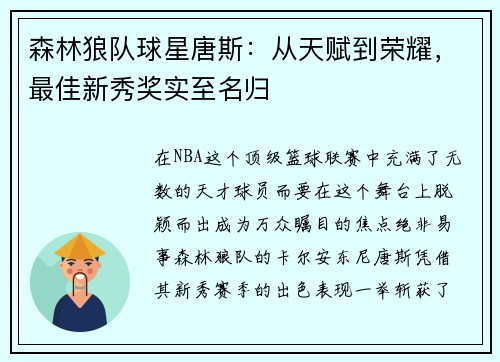 森林狼队球星唐斯：从天赋到荣耀，最佳新秀奖实至名归