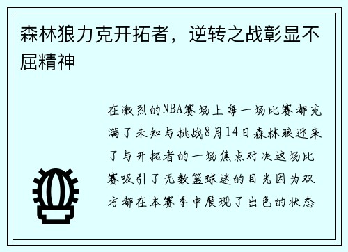 森林狼力克开拓者，逆转之战彰显不屈精神